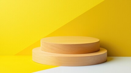 Poster - Wooden podium on vivid chartreuse background, perfect for display.