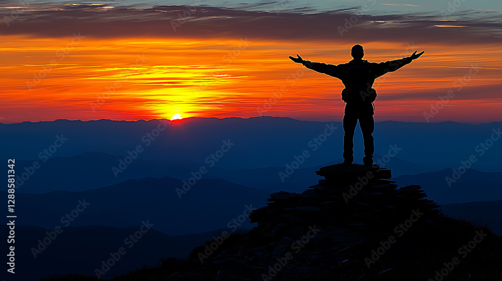Silhouette of a hiker with arms outstretched atop a mountain peak at ...