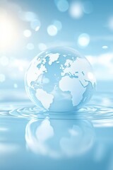 Poster - World map globe on serene blue background, symbolizing peace and unity.