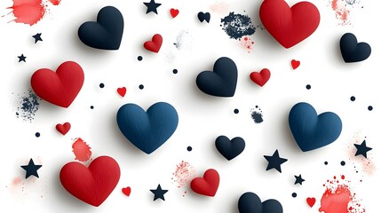Poster - Elegant hand drawn red and black hearts and stars floating symmetrically on a light sketchy background  Romantic and minimal design