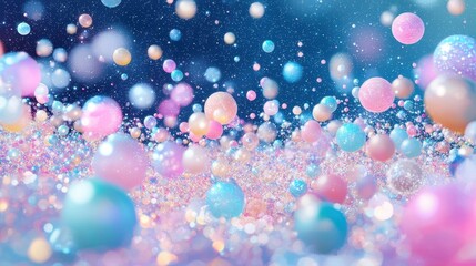 Poster - Vibrant bubbles dance in a dark space with colorful reflections, creating a whimsical atmosphere.