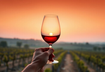 Primer plano de una mano levantando una copa de vino tinto sobre un fondo de viñedos en una suave puesta de sol
