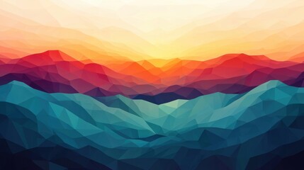 Poster - Abstract geometric design featuring vibrant mountains and sunset.