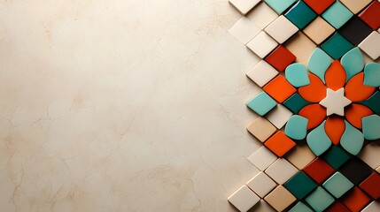 Poster - Elegant Moroccan Mosaic Tile Patterns with Intricate Geometric Designs and Vibrant Colors on a Blank White Background Ideal for Branding Advertising and Web Design Applications
