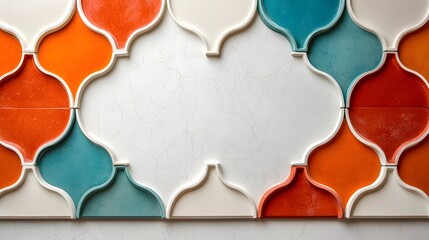 Poster - Elegant Moroccan mosaic tiles featuring intricate geometric patterns in a vibrant color palette creating a harmonious and stylish background with blank white space