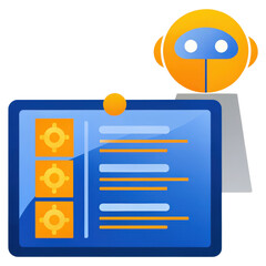 Poster - AI Task Management, A robotic AI assistant efficiently organizes digital tasks in a workspace setting.