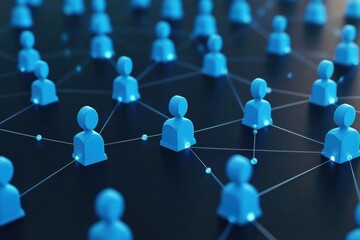 Poster - People network, blue figures connecting in a global communication setting.