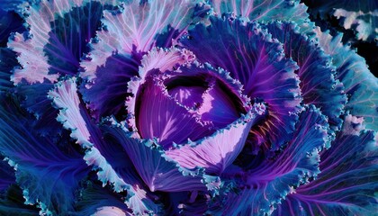 Poster - vibrant purple and blue ornamental cabbage close-up with intricate details of textured leaves, nature, botanical graphic art