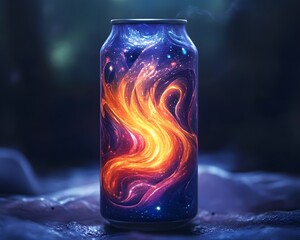 Poster - A captivating beverage can design featuring vibrant colors and swirling patterns that evoke a sense of cosmic wonder, perfect for grabbing attention in any creative context.