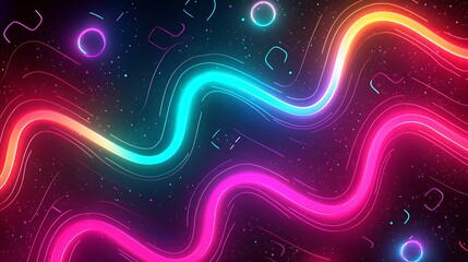Poster - Vibrant neon lines pattern creating energy waves with sparkles on a dark background, digital art