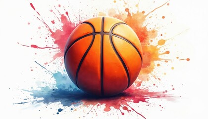 Aufkleber - Watercolor drawing of basketball with paint splashes on white background. Illustration suitable for t-shirt print, poster banner. Bright colourful dynamic design, vibrant sport abstract, modern