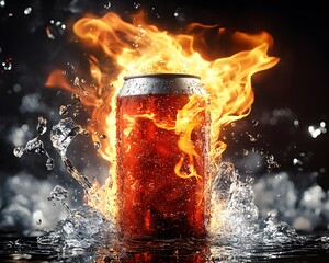 Poster - A dynamic image of a soda can engulfed in flames, surrounded by splashing water, showcasing a striking contrast between fire and liquid, perfect for beverage advertising or creativ
