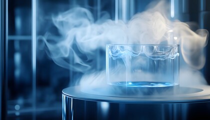 Poster - A mesmerizing image showcasing a glass containing liquid, surrounded by swirling vapors and mist. The ethereal blue tones create a captivating atmosphere of scientific exploration.