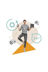 Poster - Vertical billboard collage of funny workaholic businessman hold laptop with timer reminder around clock isolated on beige background