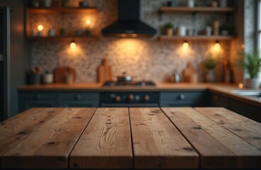 Poster - Rustic wooden table in kitchen interior with blurred background. Moody dark scene with vintage furniture, shelves with kitchenware under soft warm light for product placement.