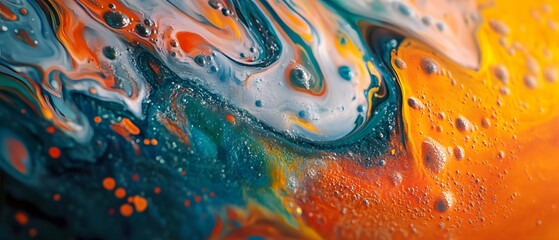 Poster - A vibrant abstract close-up featuring swirling colors of orange, blue, and green, showcasing mesmerizing patterns and bubbles. Perfect for creative projects and design work.