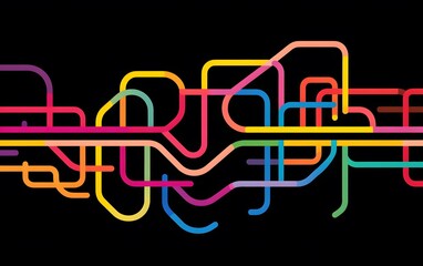 Poster - A vibrant and dynamic abstract illustration featuring intertwined colorful lines against a black background, ideal for modern design projects or artistic expressions.