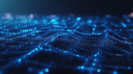 Poster - Abstract representation of digital waves with glowing blue particles in a dark environment