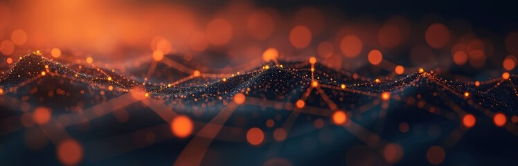 Poster - Energetic dark background with vibrant orange data particles, connecting lines for sleek look. Modern web wallpaper, dynamic flow datum, shine techno style. Good for AI, music, crypto, virtual, tech,