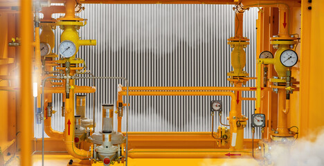 Poster - gas equipment. yellow pipes near metal wall. gas pipeline with pressure valves. boiler room steam eq