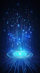 Poster - Futuristic digital landscape with glowing blue particles and data streams in a dark setting