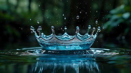 Fototapete - Water crown splash action creating ripples in a pond with blurred green foliage background for environmental use