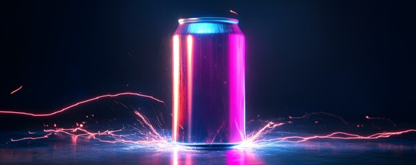 Poster - A vibrant, electrifying image of a soda can surrounded by colorful light effects, creating a dynamic atmosphere perfect for beverage marketing or creative design projects.
