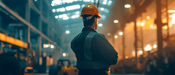 Poster - A worker in a safety helmet observes operations within a bustling industrial facility, highlighting commitment to safety and productivity.