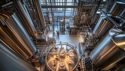 Poster - aerial view of a modern industrial facility showcasing large stainless steel tanks and intricate pip