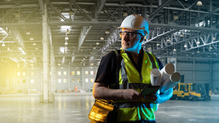 Poster - man builder in industrial building. engineer inspects hangar. inspector checks industrial building f