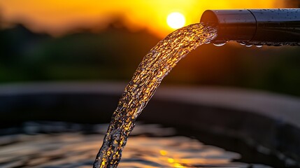 Aufkleber - Water flowing from a spout into a basin against a sunset background, suggesting freshness