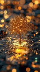 Poster - Golden tree sculpture on circuit board with glowing lights, bokeh effect. Technology and nature fusion concept