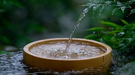 Poster - Water pouring into bamboo bowl, garden, rain