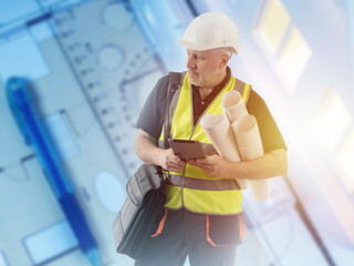 Poster - man builder with electronic tablet. architectural engineer with paper drawings. building inspector s