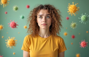 Poster - Confused young woman looks up surrounded by virus images on green background. Health, immunity, probiotics, gut flora, digestion germs concept. Female in yellow t-shirt worried about illness, corona