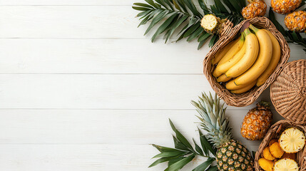 Wall Mural - basket of fresh bananas and pineapples on light wood surface, surrounded by green leaves and sliced pineapples, creating tropical and refreshing atmosphere