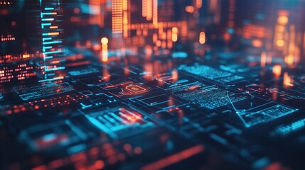 Poster - Futuristic digital cityscape with glowing circuits and data streams in a tech environment