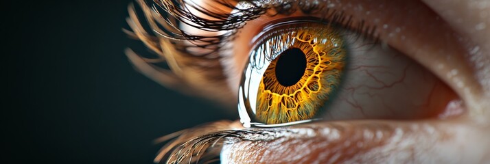 Poster - Extreme close up of a woman's eye highlighting intricate details of the iris, pupil, and surrounding blood vessels, creating a captivating exploration of human vision