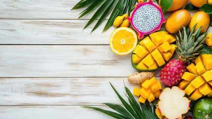 Poster - vibrant assortment of exotic fruits including dragon fruit, mango, and pineapple arranged on wooden surface with tropical leaves