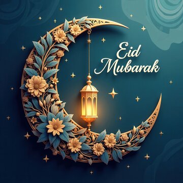 A beautifully designed Eid Mubarak greeting featuring a crescent moon made of intricate floral and swirl patterns