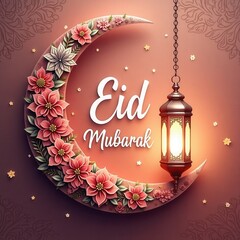 Poster - A beautifully designed Eid Mubarak greeting featuring a crescent moon made of intricate floral and swirl patterns