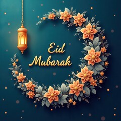 Poster - A beautifully designed Eid Mubarak greeting featuring a crescent moon made of intricate floral and swirl patterns