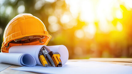 Aufkleber - yellow construction helmet rests on rolled blueprints with tools, illuminated by warm sunlight, symbolizing planning and construction