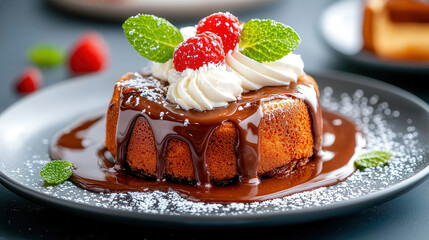 Poster - delicious chocolate lava cake topped with whipped cream, raspberries, and mint leaves, oozing rich chocolate sauce on dark plate, garnished with powdered sugar