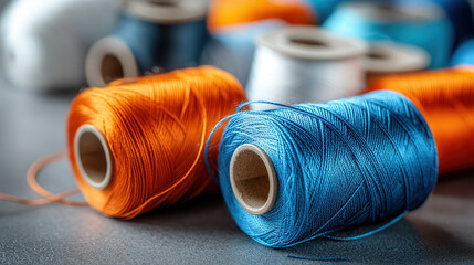 Aufkleber - Colorful sewing threads wound on spools in close up view, showcasing vibrant orange and blue hues. threads are neatly arranged, highlighting their texture and sheen