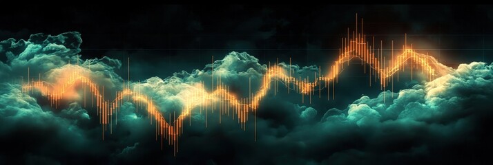 Leinwandbilder - Candlestick chart with upward movements and wispy cloud effects in the background