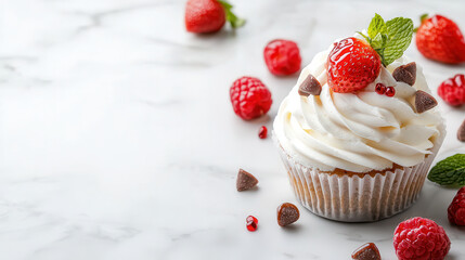 Aufkleber - close up of luxurious cupcake topped with whipped cream, fresh strawberries, raspberries, chocolate chips, and mint leaves on marble surface