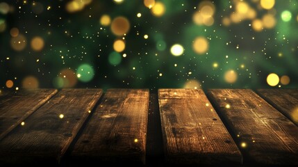 Poster - Wooden table with golden bokeh lights in a dark background, festive atmosphere. Celebration and holiday season concept