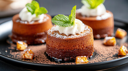 Poster - Decadent chocolate lava cake with rich molten center, dusted with cocoa and topped with whipped cream and mint leaves, surrounded by caramelized nuts on black plate