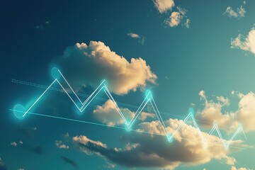 Leinwandbilder - Line graph with rising trends and floating clouds in a serene sky setting